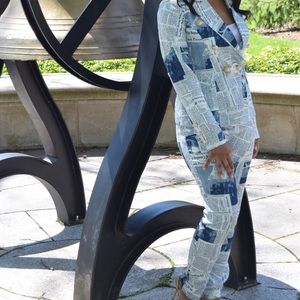 Blue and white newspaper suit